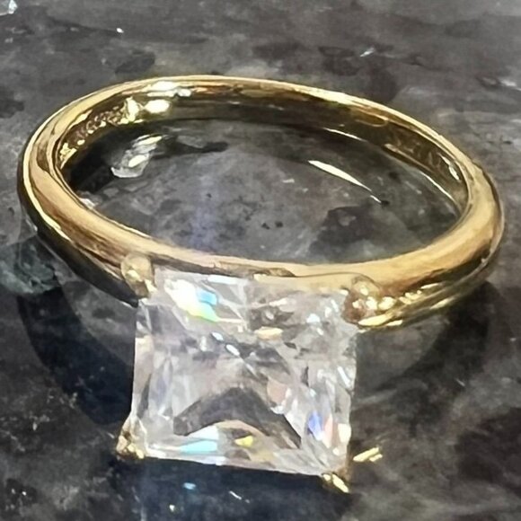 Engagement Ring Princess-Cut Cubic Zirconia Solitaire Vermeil Vietnam-Made sz 8 - Picture 1 of 11